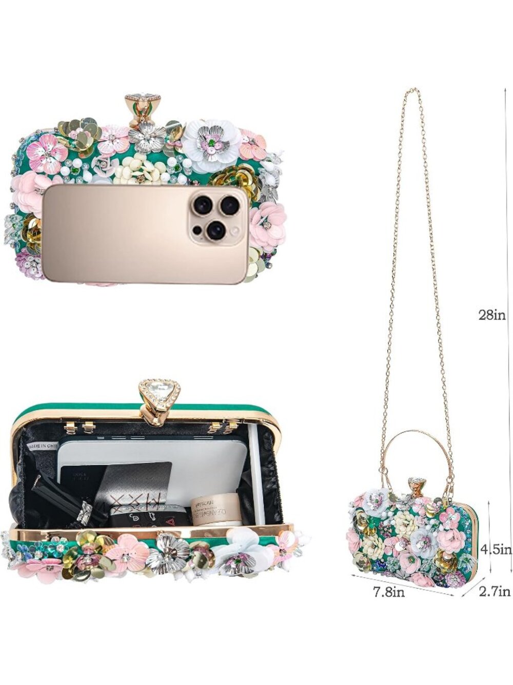 Women's Green Floral Beaded Chain Strap Party Prom Clutch Purse Evening Bag - Picture 6 of 7